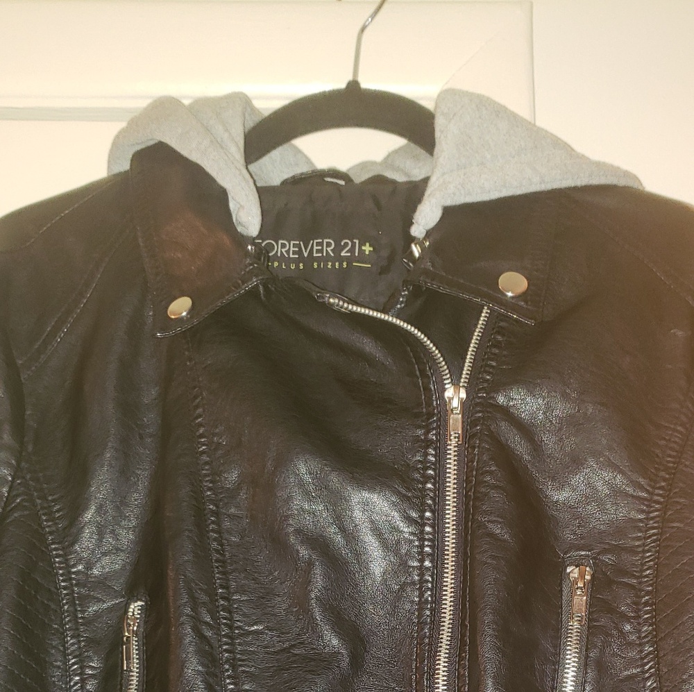 Black Faux Leather Jacket with Gray Hoodie